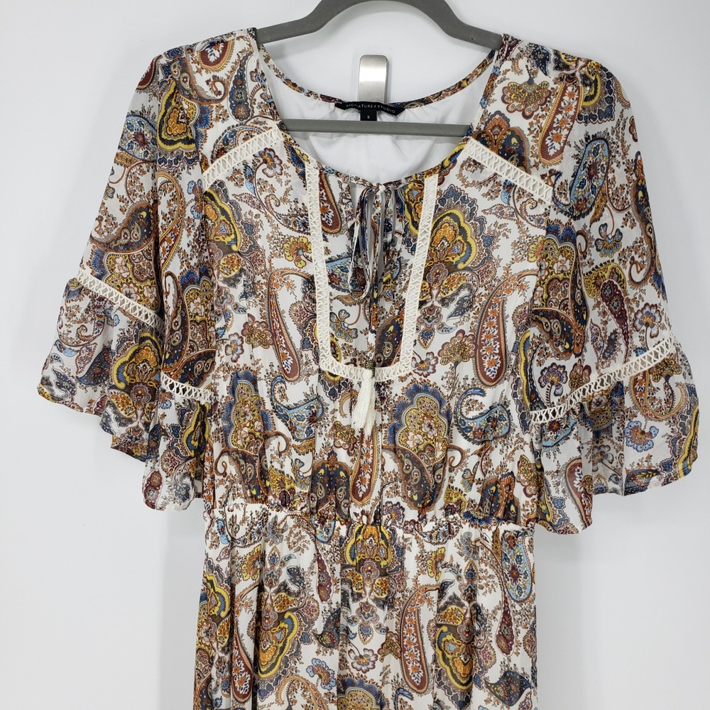 Signature Studio Paisley Boho Maxi Dress Sz Small Peasant Flutter Sleeve Brown - Picture 4 of 10